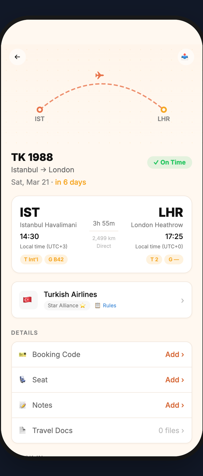 Trevoya flight detail screen